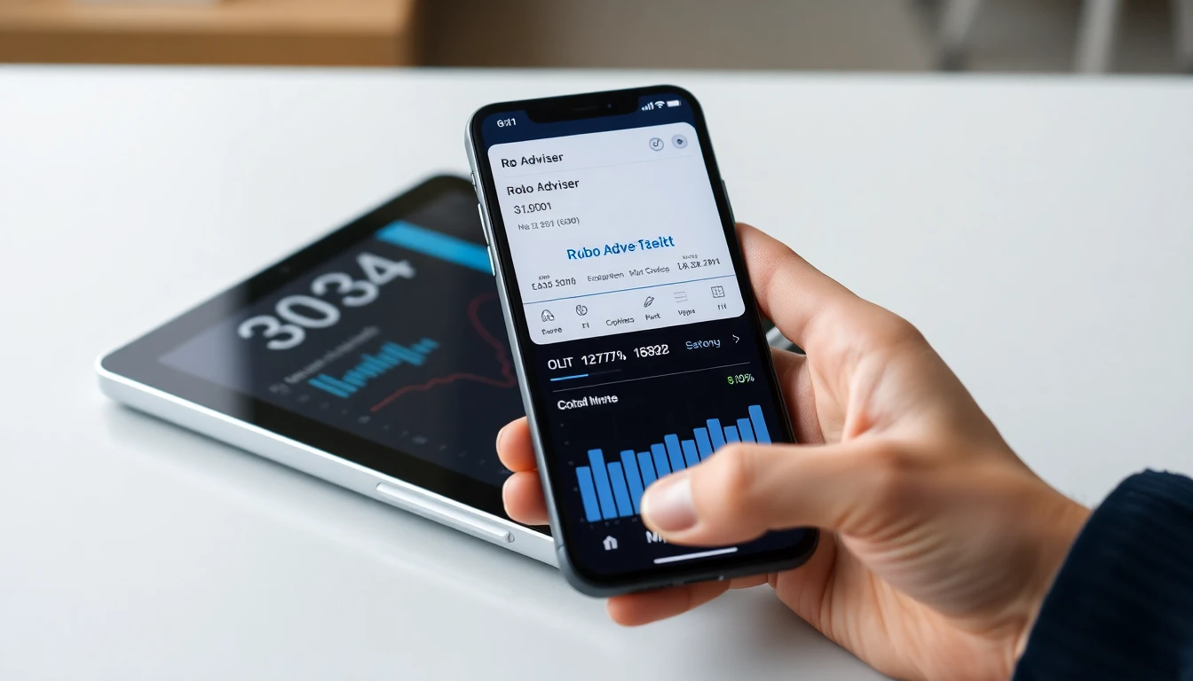 Moderne Fintech-App auf Smartphone und Tablet mit Robo-Advisor Dashboard